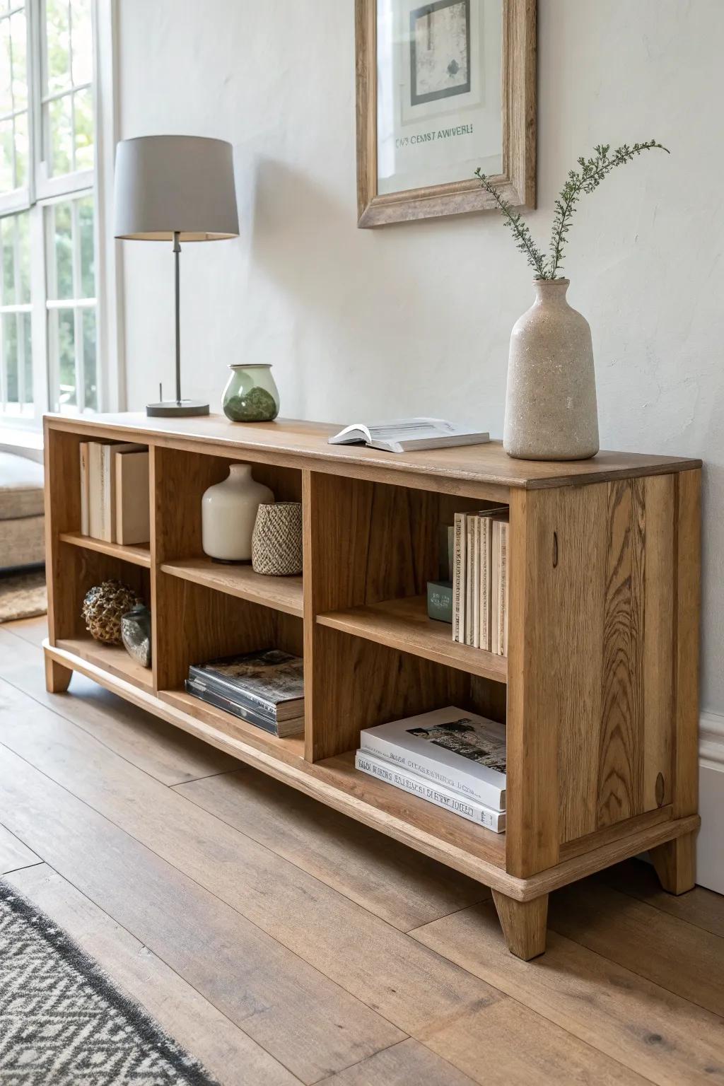 A slim reclaimed-wood console turns the space behind your sofa into a chic mini library.