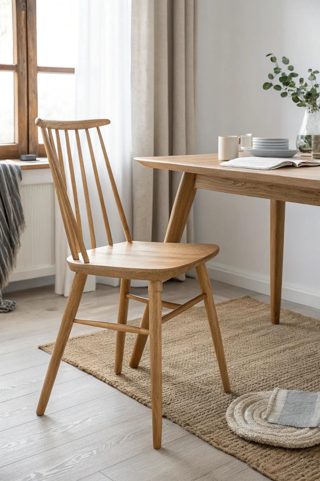 Visually light oak chairs with open backs tuck in neatly—airy, space-smart dining for apartments.