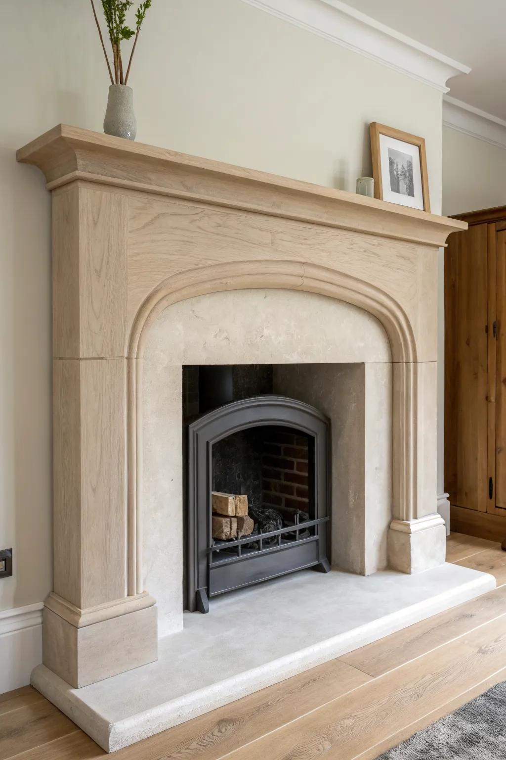 Soft neutral limewash meets a clean oak mantel—an arched fireplace with quiet, timeless texture.
