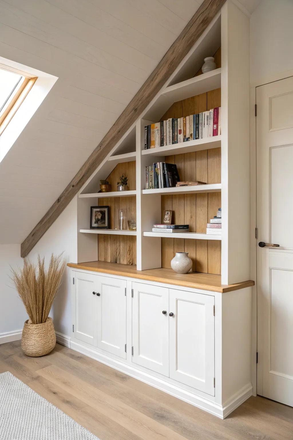 Soft light shelves with warm oak trim brighten a snug attic library while staying cozy.