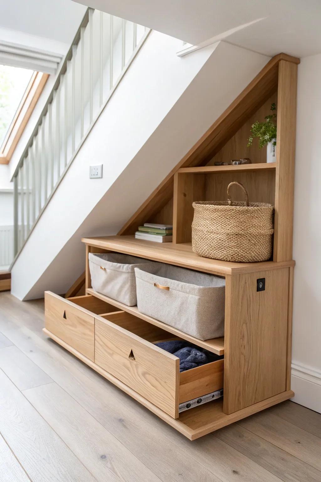 Under-slope slide-out shelving in pale oak—seasonal storage glides out effortlessly with one hand.