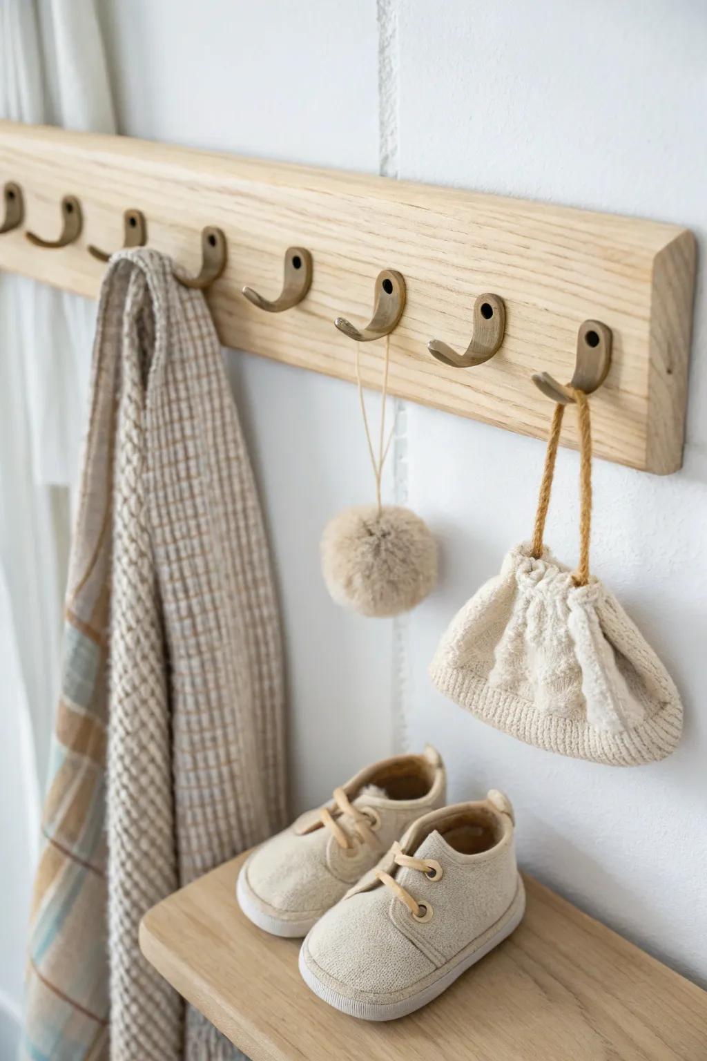 A sweet peg rail with mini hooks—keeps tiny booties visible, tidy, and impossible to lose.