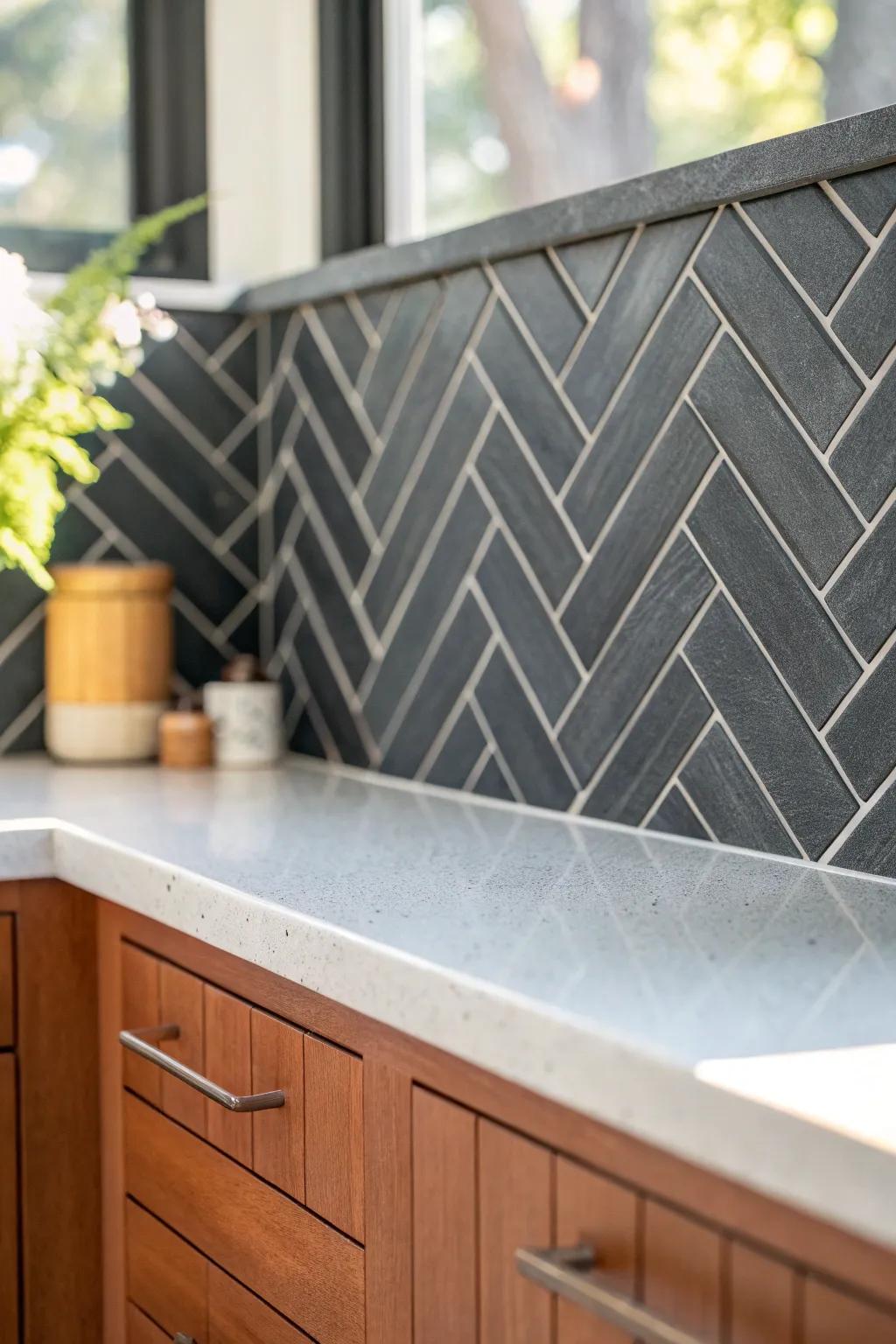 Charcoal herringbone tile adds tailored contrast against warm cherry cabinets—bold, clean, timeless.