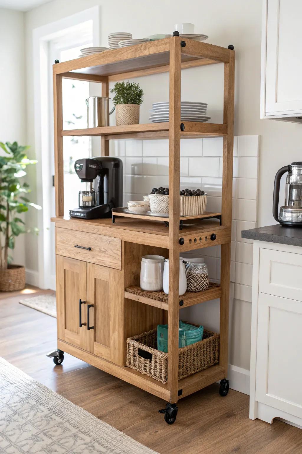 Rolling baker’s rack coffee bar with locking casters—easy to move, stable, and stylish.
