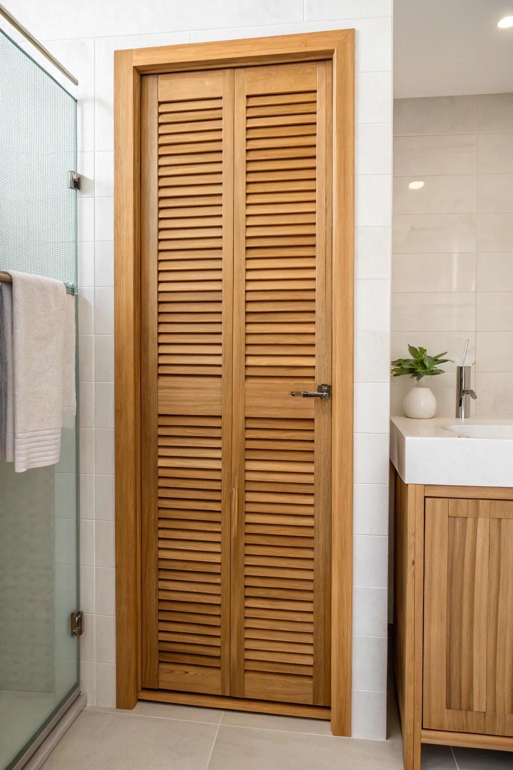 Bamboo slat panel door: hides bathroom clutter while keeping storage breathable and serene.