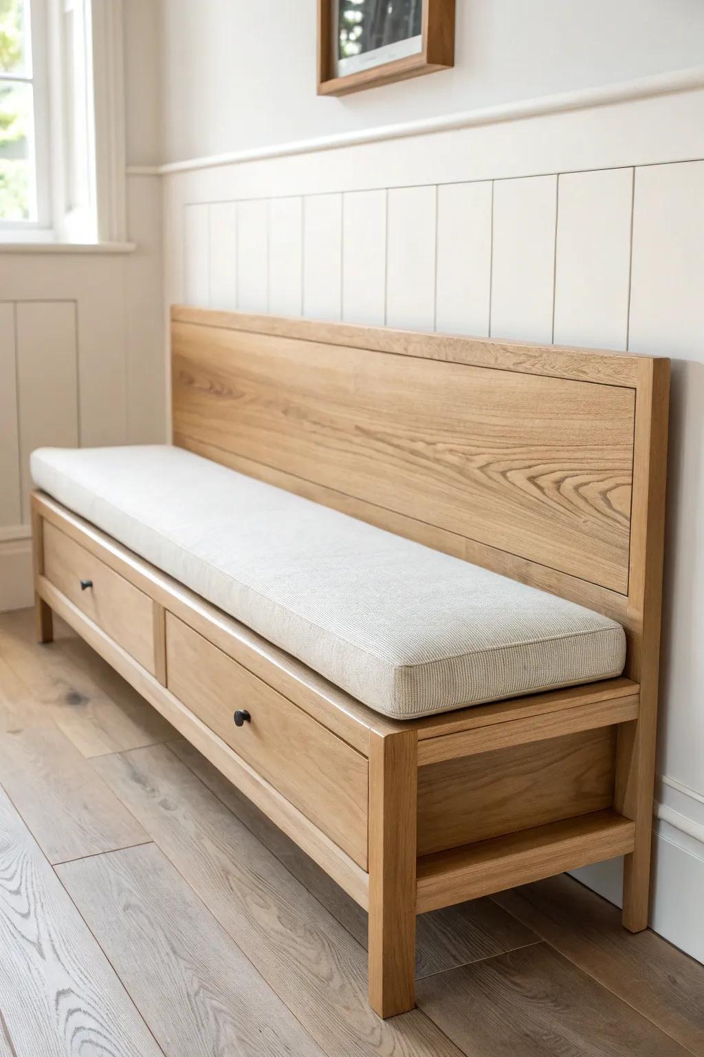 A floating oak banquette keeps the nook airy—easy to sweep, sturdy to scoot, and beautifully minimal.