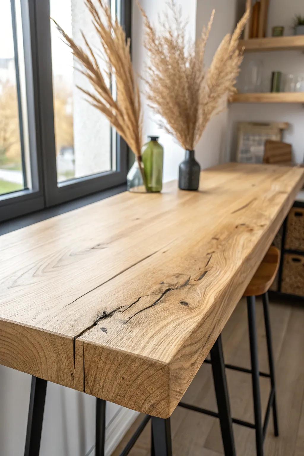 Turn cracks into statement details: light oak bar top with sleek black epoxy-filled knots.