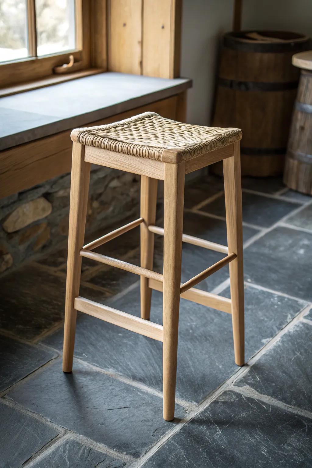 Sealed slate flooring under a woven oak bar stool—cozy cabin bar vibes, clean and modern.