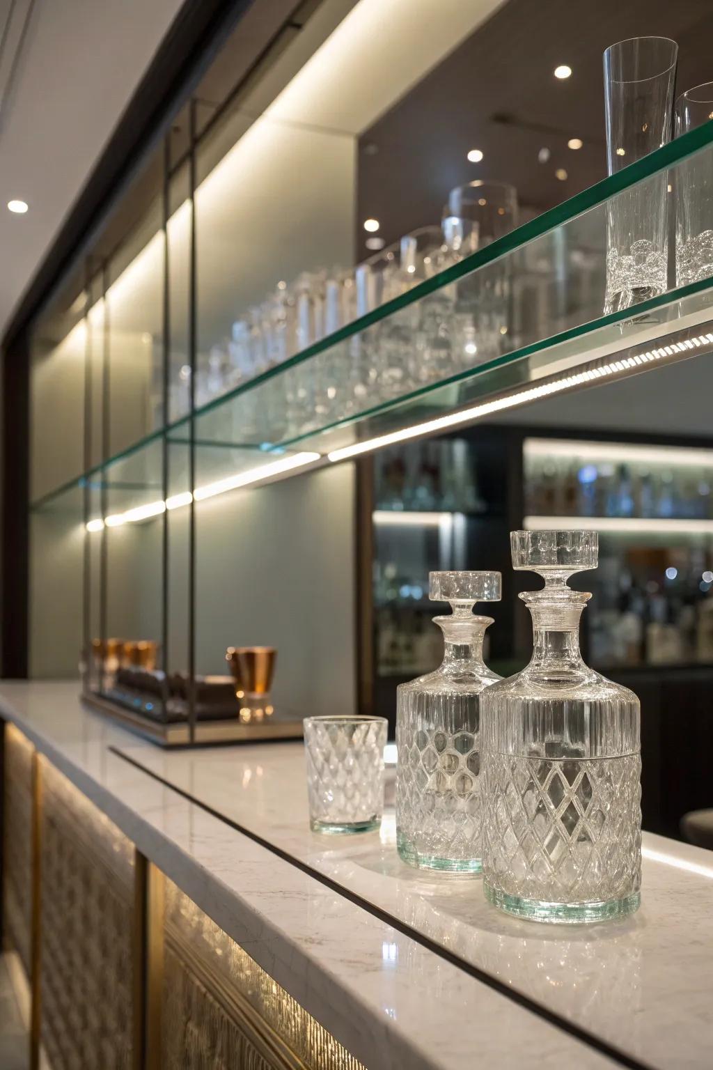 Elevate your bar space with the timeless allure of glass shelves, where elegance meets modern luxury.