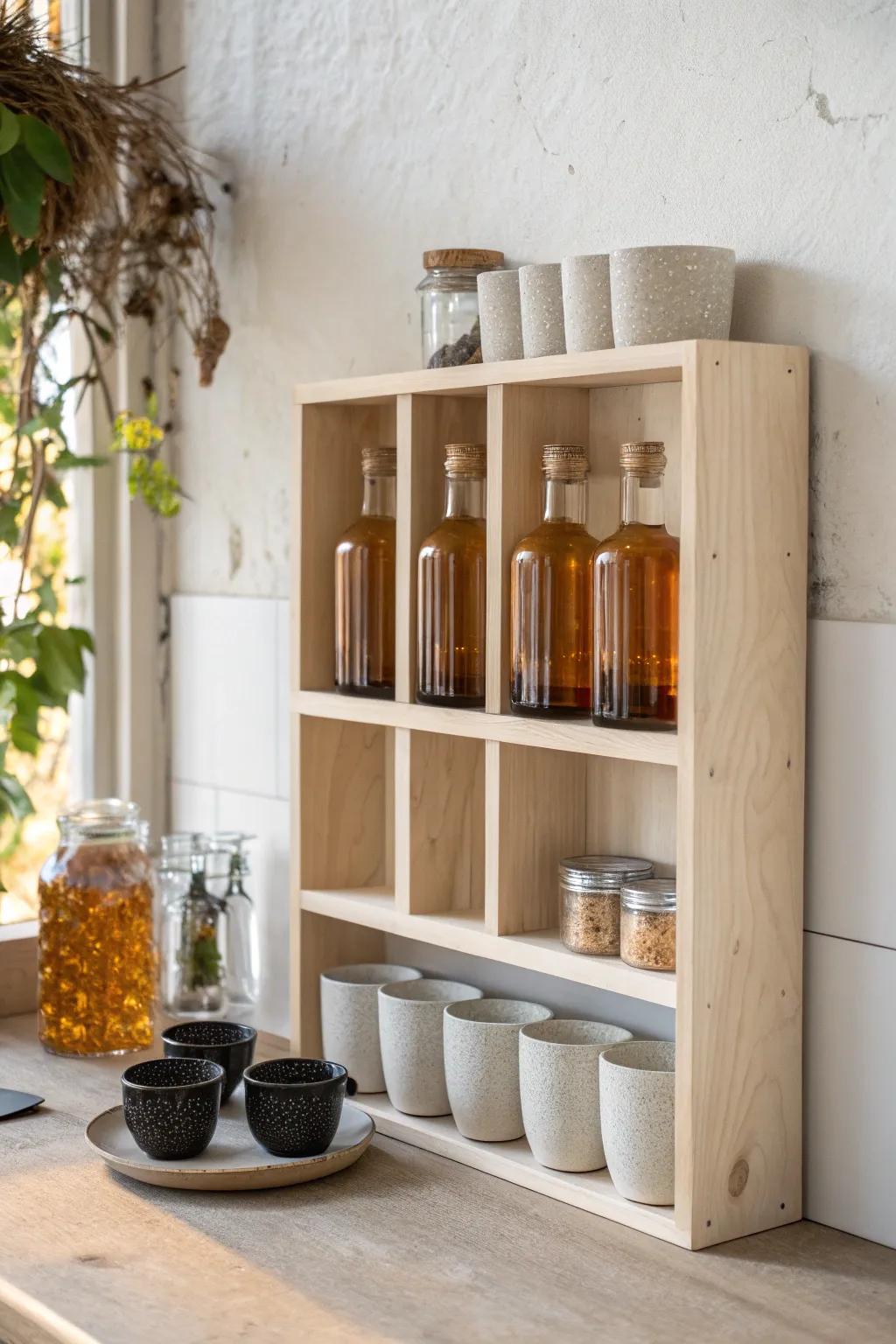 A plywood bottle cubby grid that turns your bar lounge wall into a curated display.