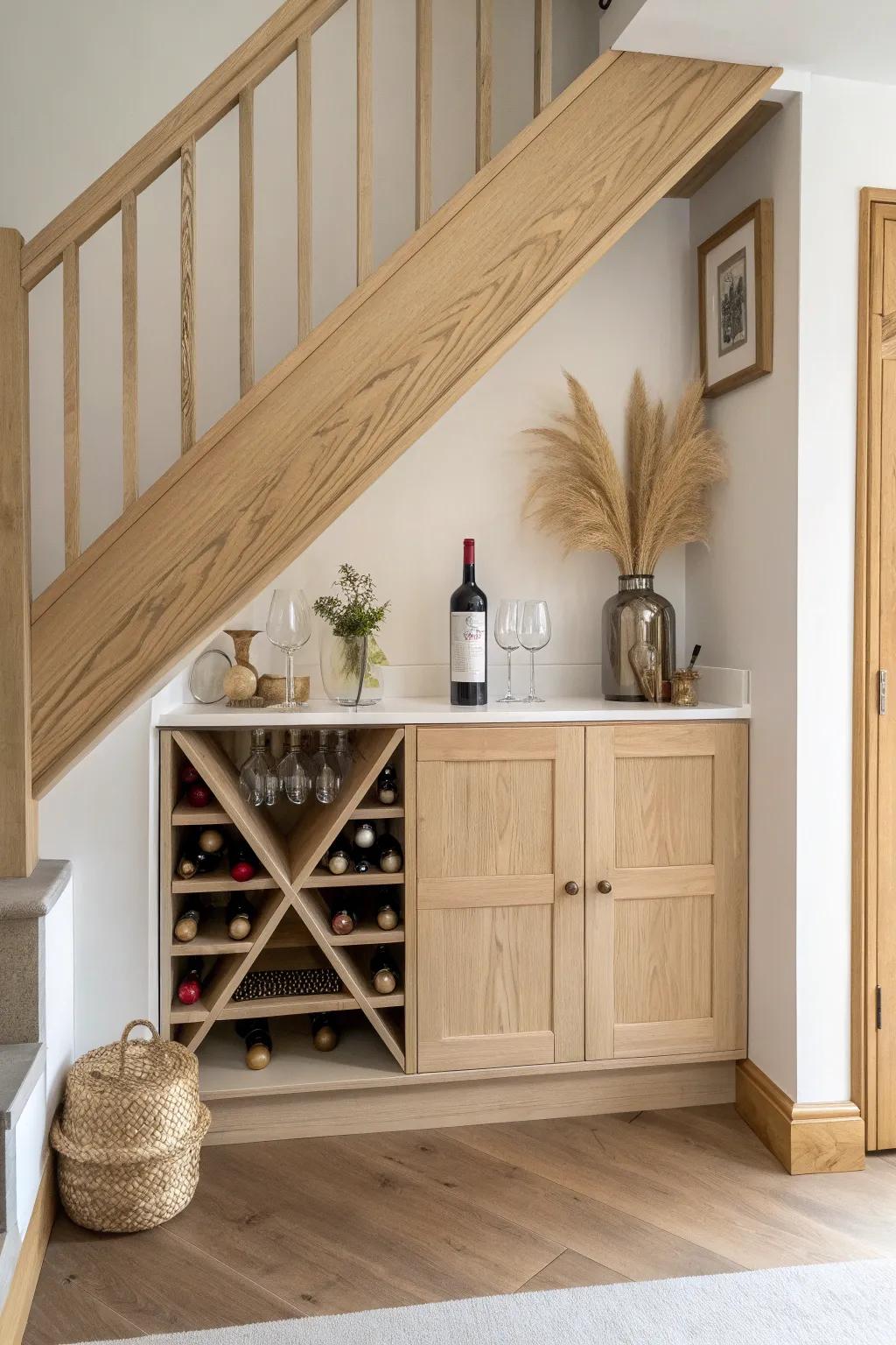 Turn under-stairs space into a chic wine bar: angled cubbies, slim counter, warm wood glow.