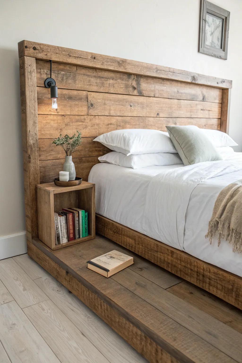 Clean, cozy barn-beam headboard ledge—perfect for a book and a tiny vase.