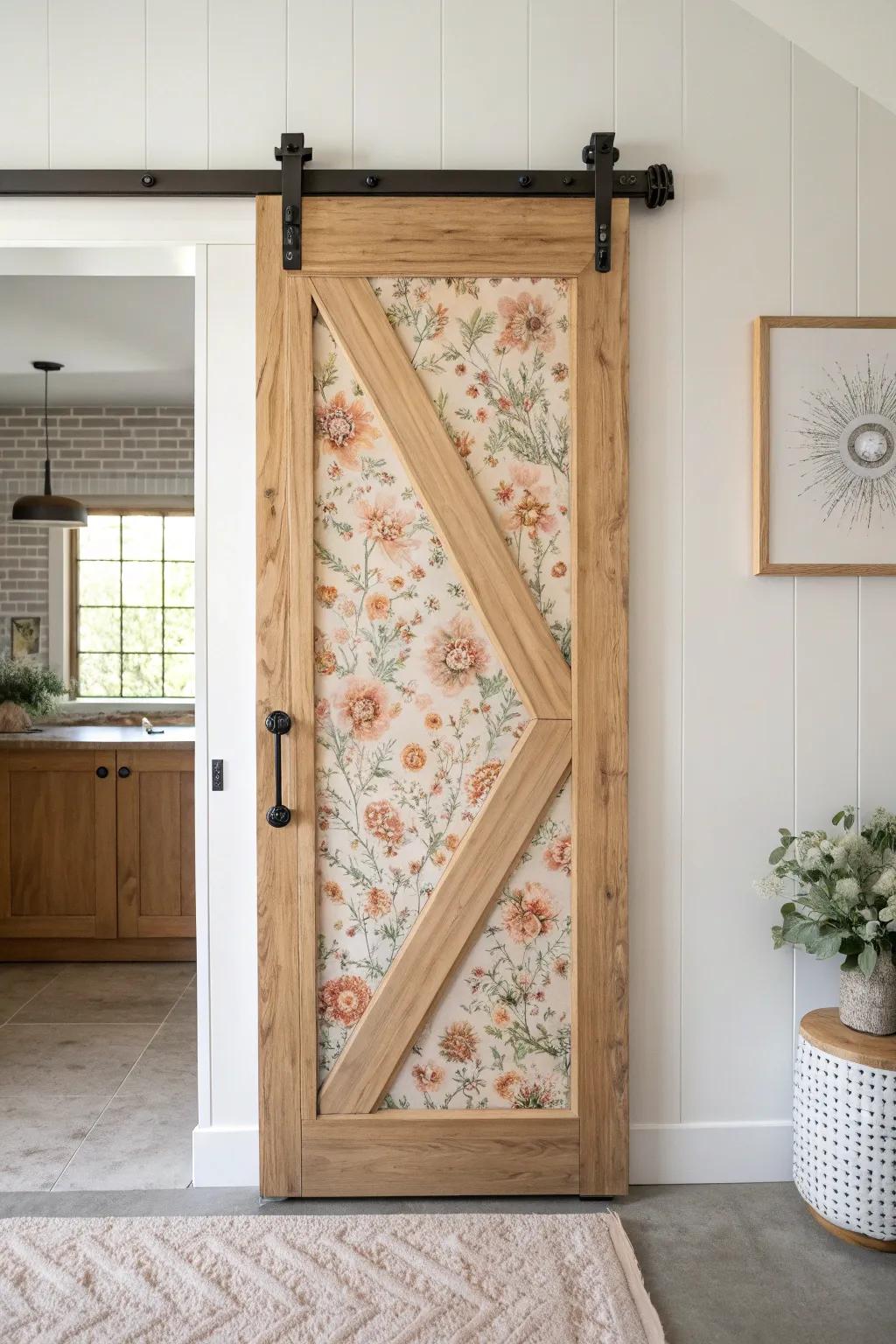 Light-oak barn door with glossy wallpaper inlay—minimalist, boho, and beautifully unexpected.