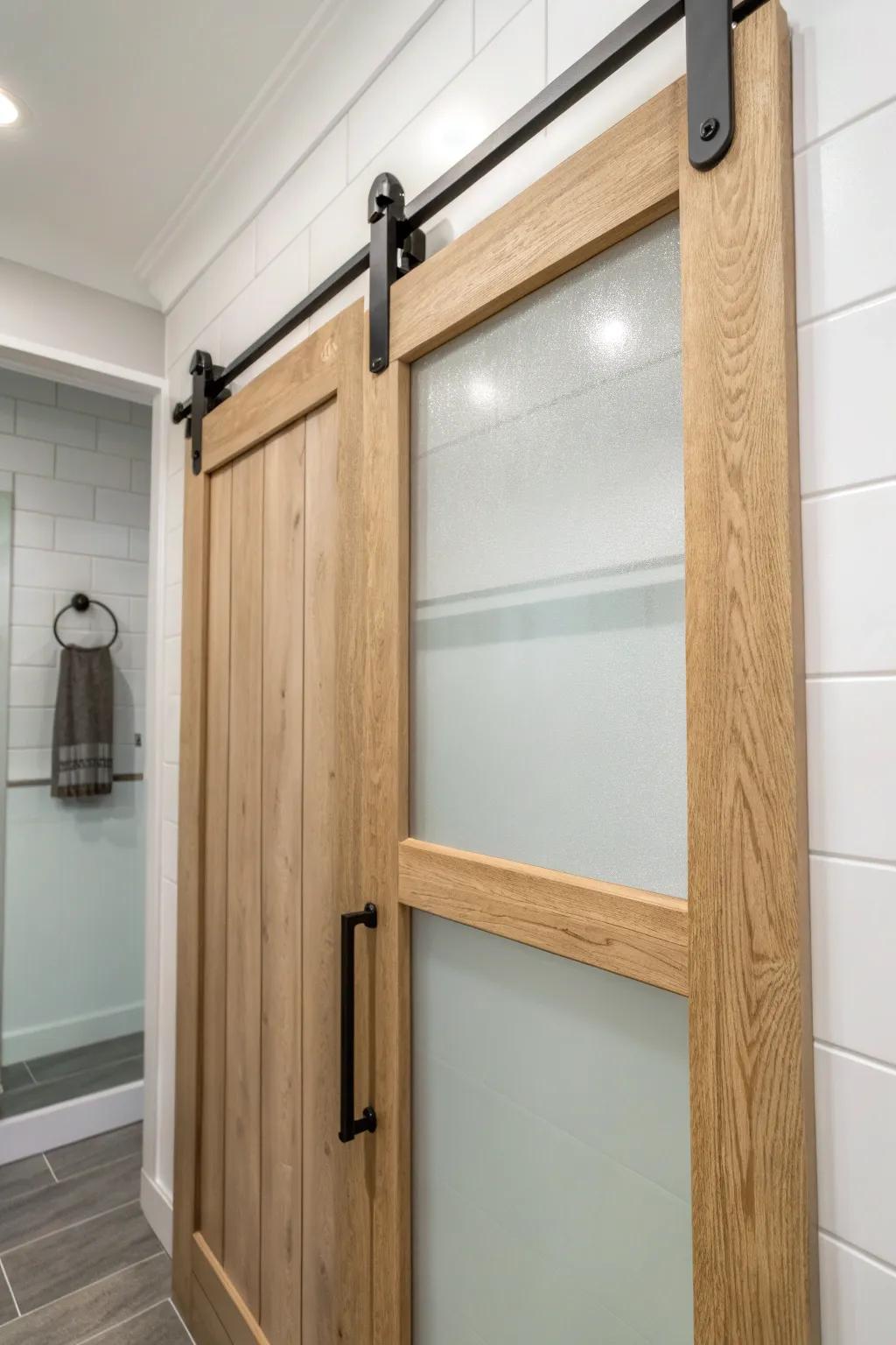 Custom 90° corner barn-door shower: light oak and matte black hardware for a clean walk-in.