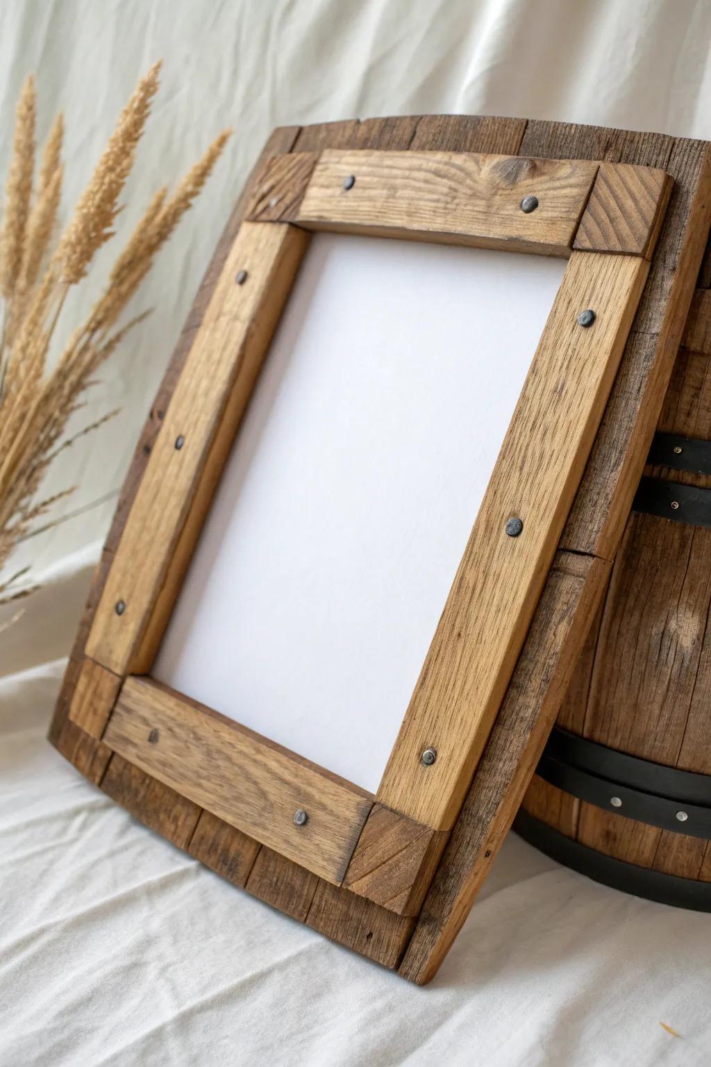 Weathered barrel-stave picture frame with sanded edges—instant character, clean Nordic style.