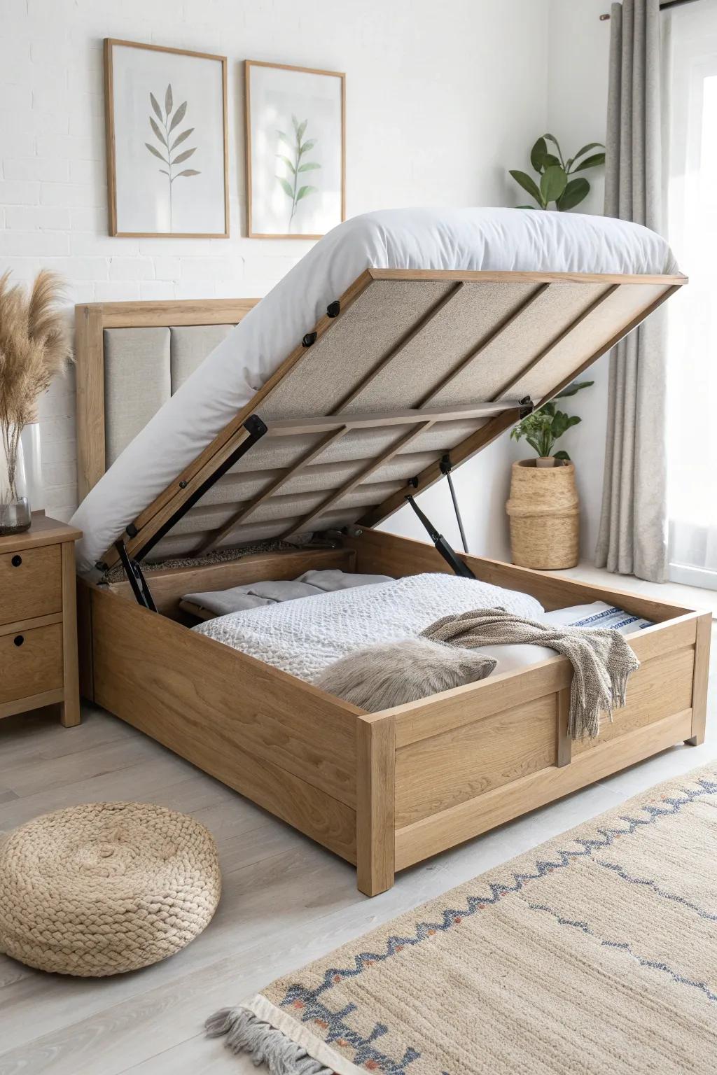 Lift-up bed base: hidden storage in warm oak, minimalist style with a soft boho touch.