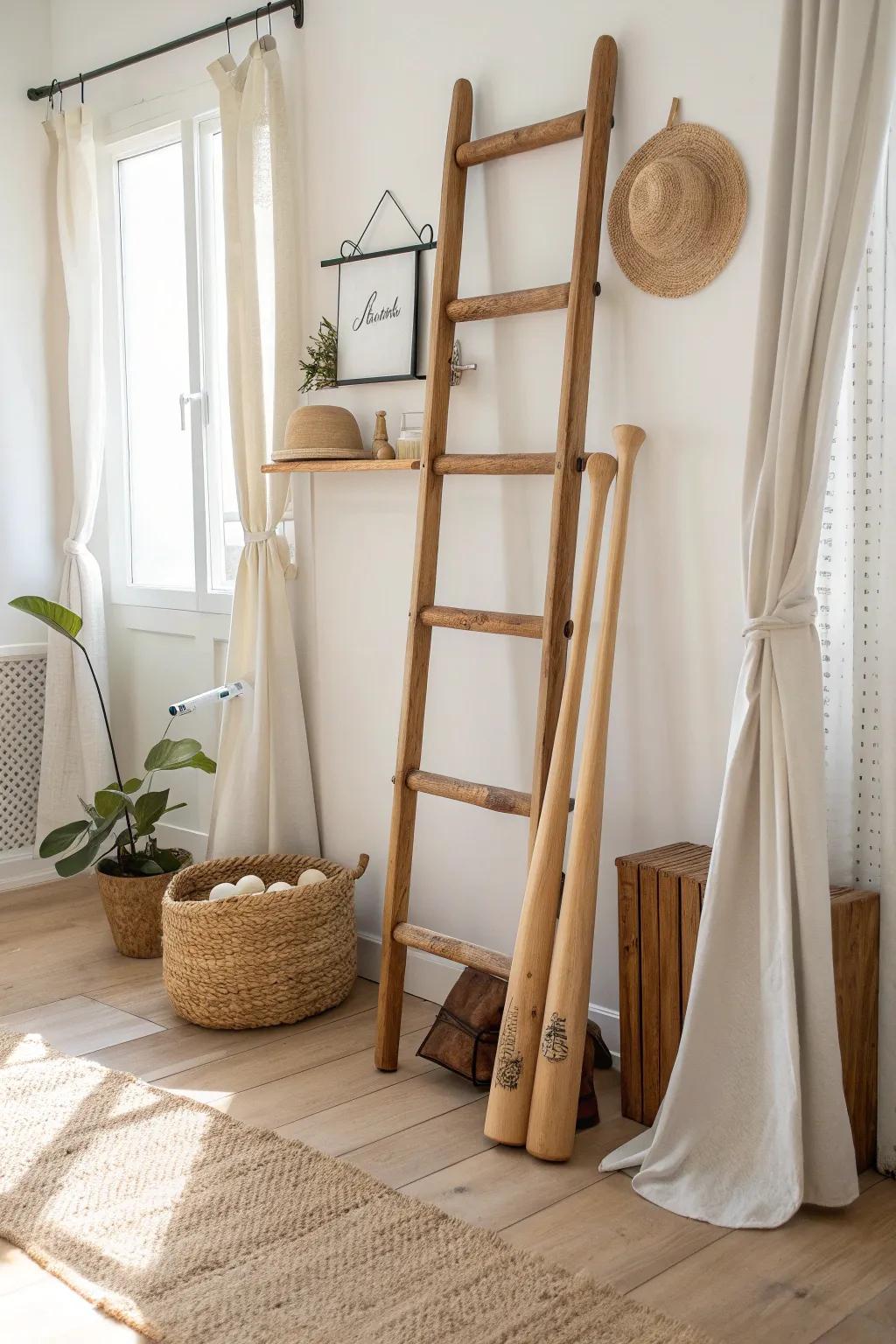 Upcycled ladder + subtle pegs for a rustic, no-drill baseball bat display with calm Scandi charm.