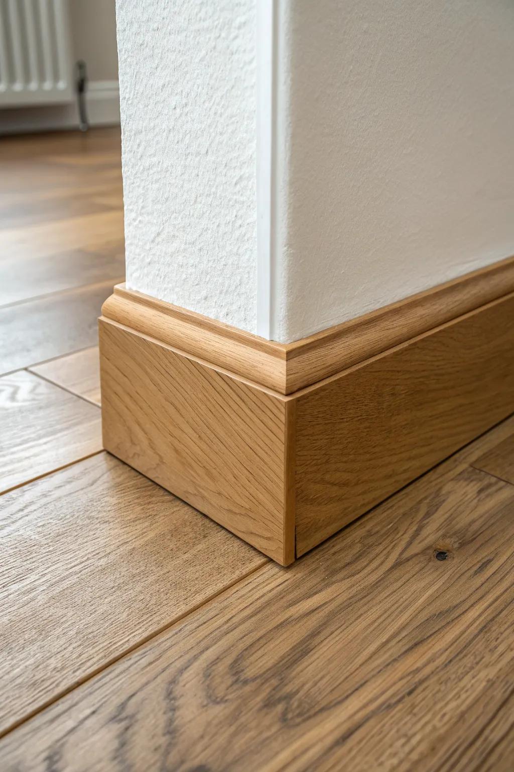 Seamless baseboard top line: a hidden backer shim makes uneven floors look perfectly flush.