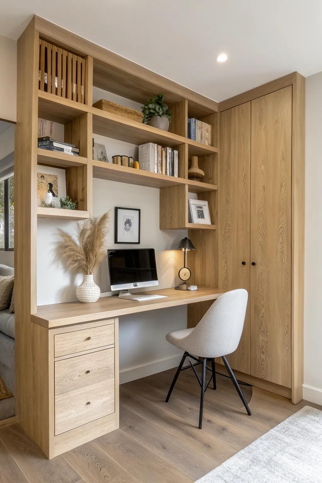 A cozy built-in basement desk nook with sturdy plywood shelves and warm oak framing.
