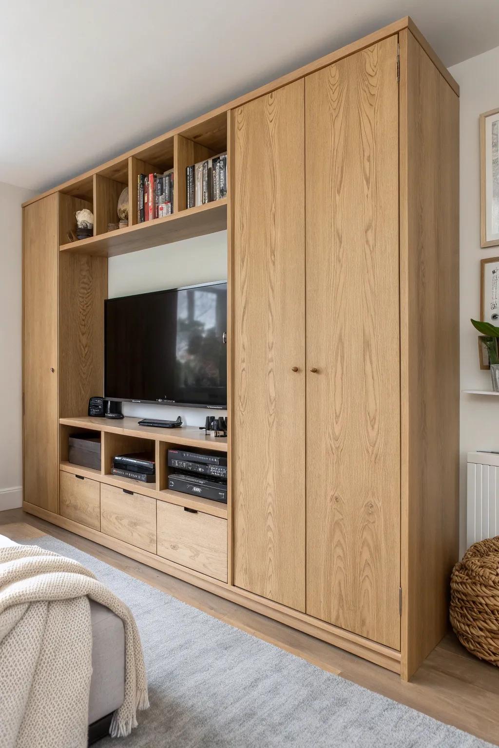 Calm basement entertainment center: oak cabinets with hidden storage for a clutter-free look.