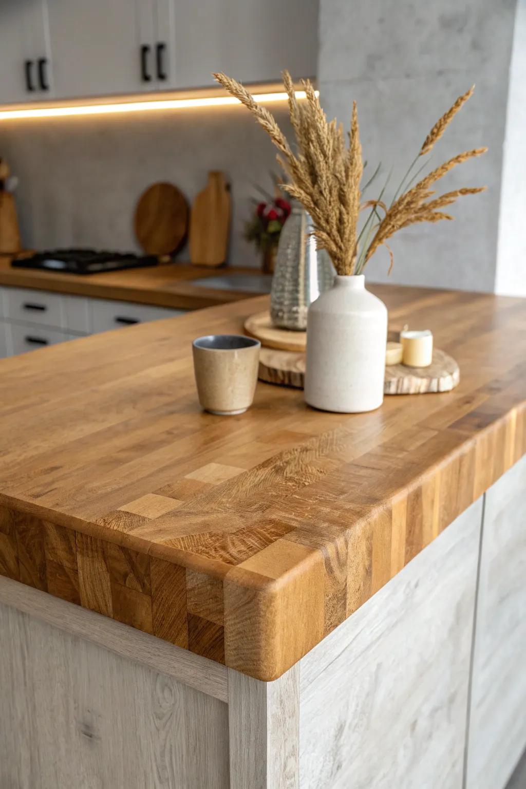 Warm butcher block brings cozy contrast to a cool basement bar—timeless, sealed, and handcrafted.