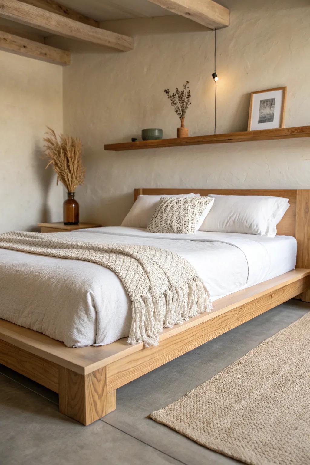 A cozy basement guest nook: a handcrafted oak platform bed with warm, minimalist styling.