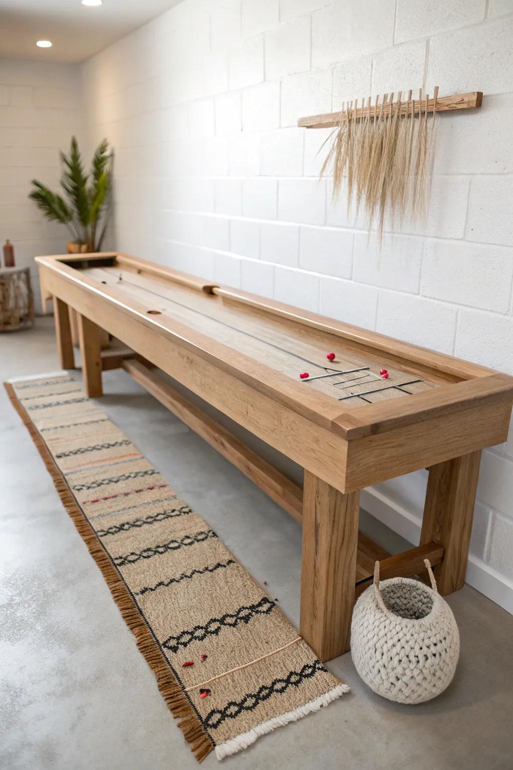 A sleek DIY shuffleboard table that fits narrow basements—minimal, warm, and addictive to play.