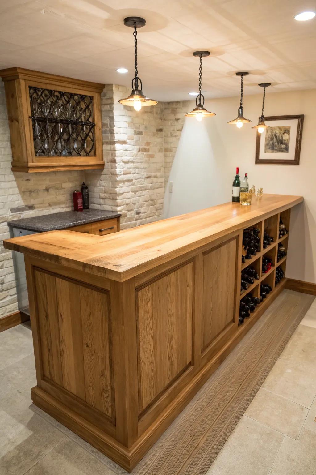 A dual-height oak bar top: prep below, polished ledge above—clean, cozy, and crafted.