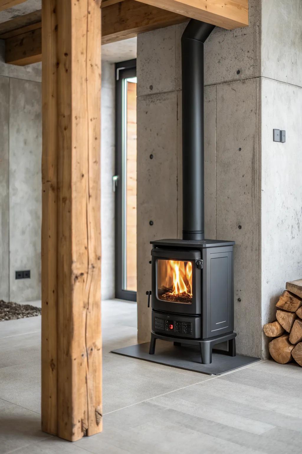 Reclaimed-wood framing makes a basement stove feel built-in—warm, rustic, and clean.