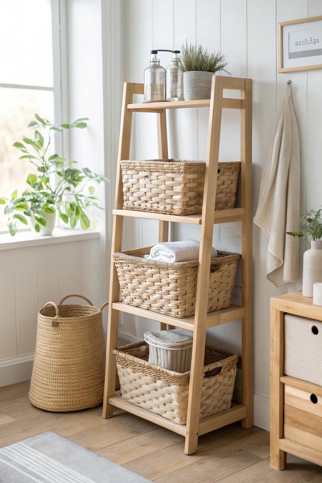Graduated shelf baskets—small up top, larger below—for a balanced, satisfying look.