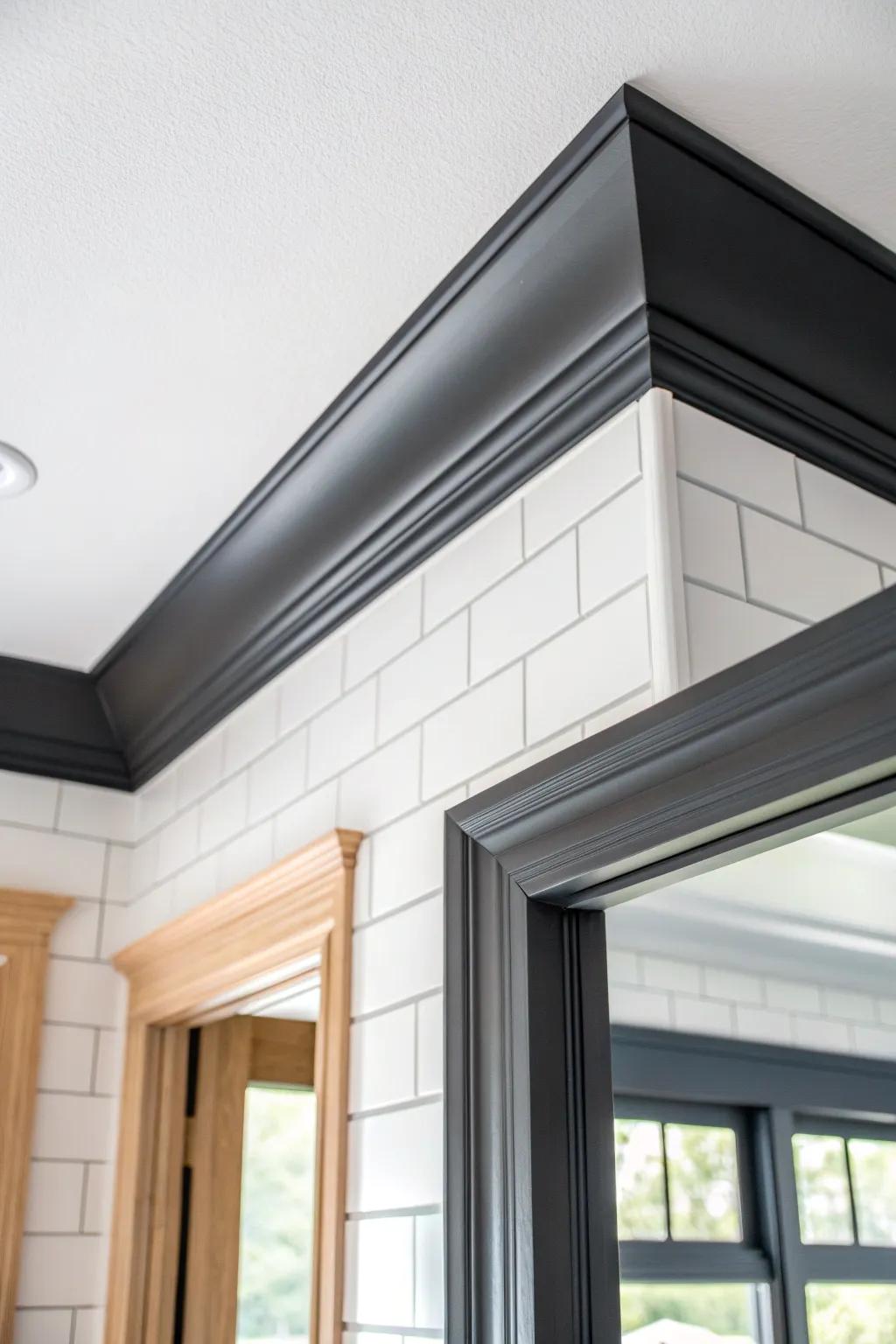 Deep ceiling color framed by crisp white trim—an easy, dramatic upgrade for calm modern baths.