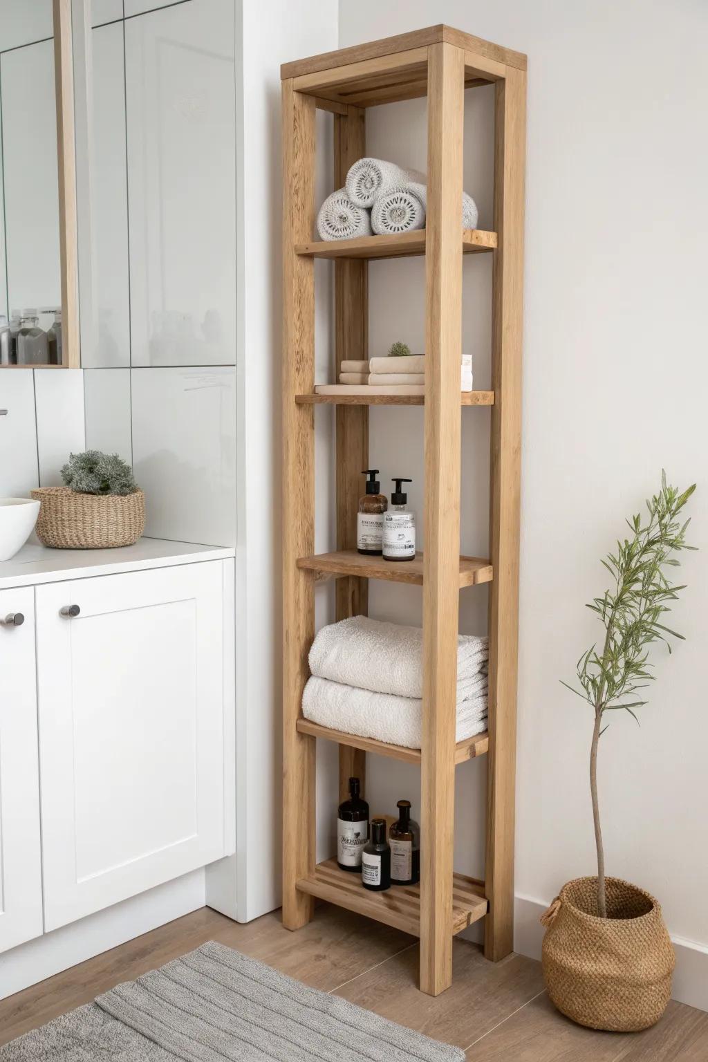 Slim vertical shelf tower in light oak—perfect for tall closets and tidy bathroom backups.