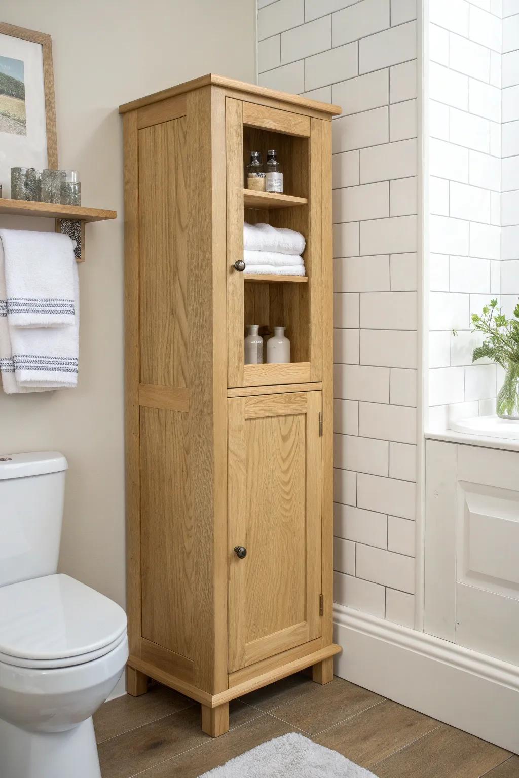 Shallow over-toilet corner cabinet in light oak—clean storage with warm minimalist style.