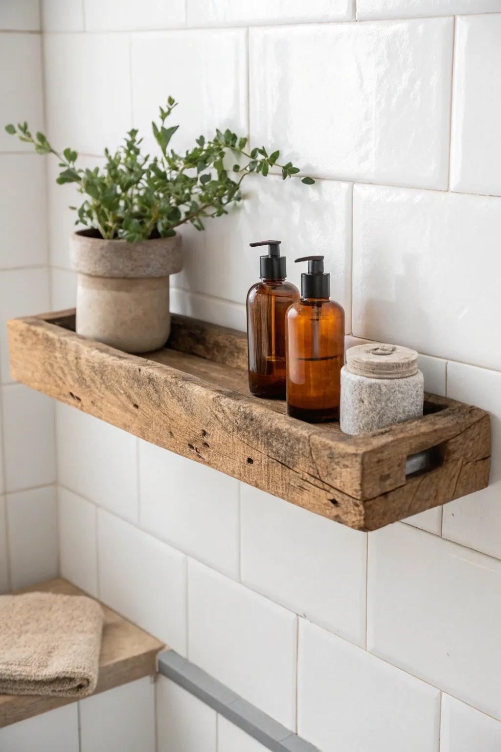 Reclaimed wood floating shelf—knots, saw marks, and warm styling for a softer, spa-like bath.