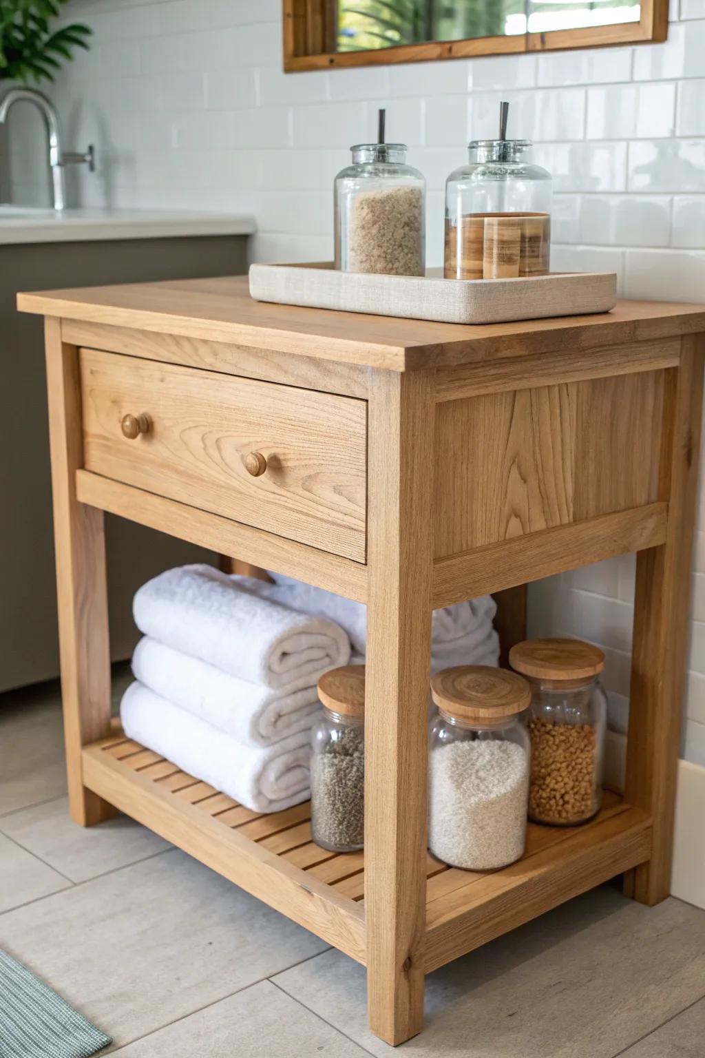 Open-shelf bathroom island: recessed display for rolled towels, jars, and a simple tray.