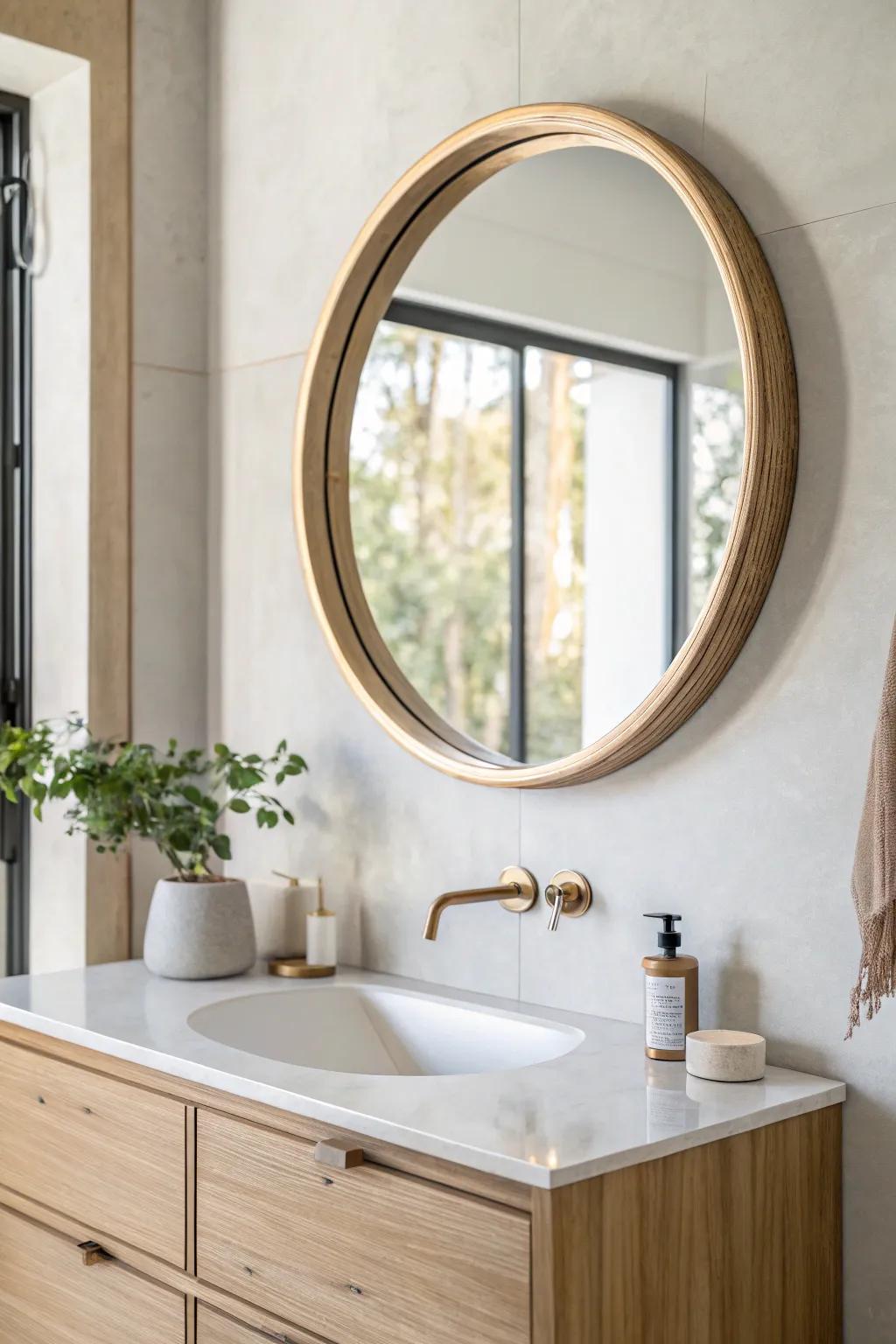 Soft champagne metallic paint gives a simple wood mirror border a quietly luxe finish.