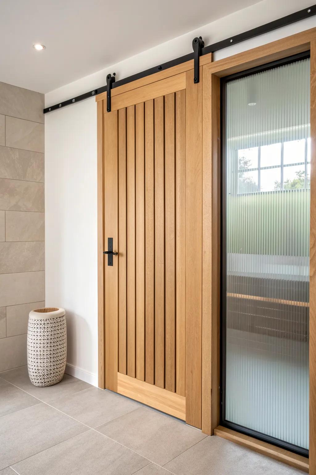 Space-saving sliding sauna door in light oak—minimal, warm, and beautifully built.