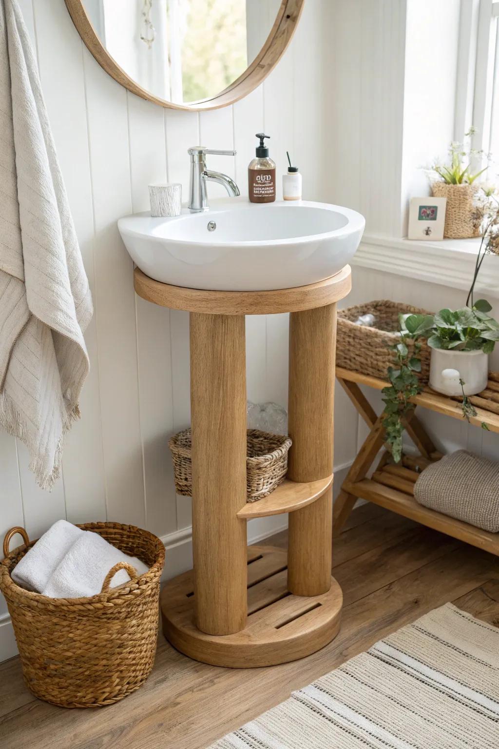 A snug oak shelf collar that hugs a pedestal sink—instant storage with minimalist charm.