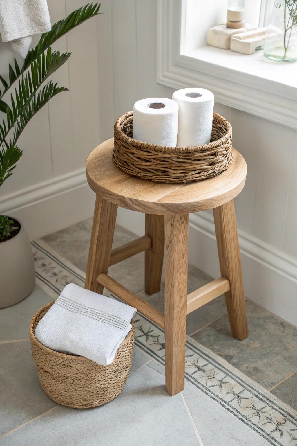 Tuck a woven basket under your bathroom stool for chic, space-saving towel and TP storage.