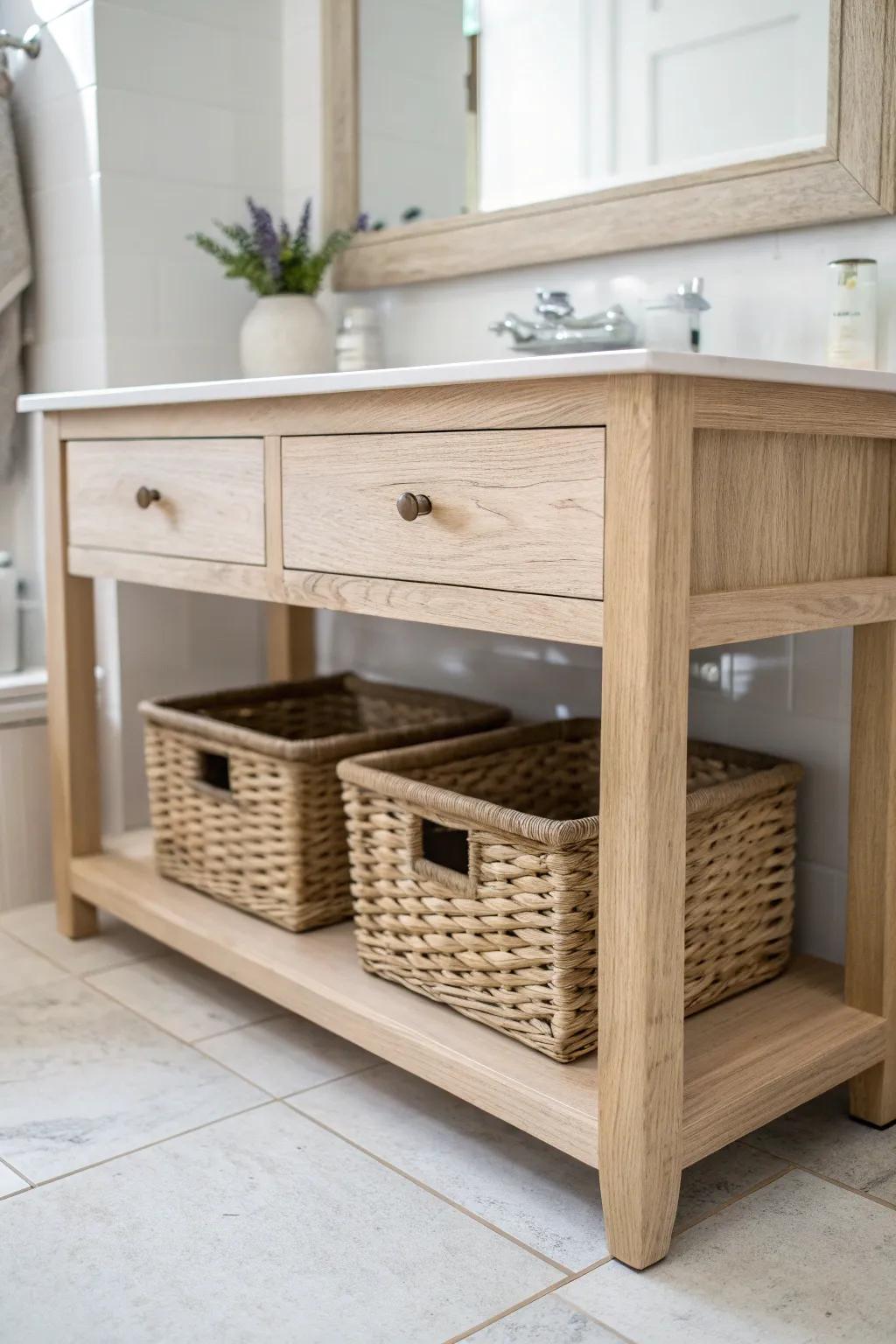 Airy open-shelf oak bathroom table with wicker bins—clutter hidden, craft on display.