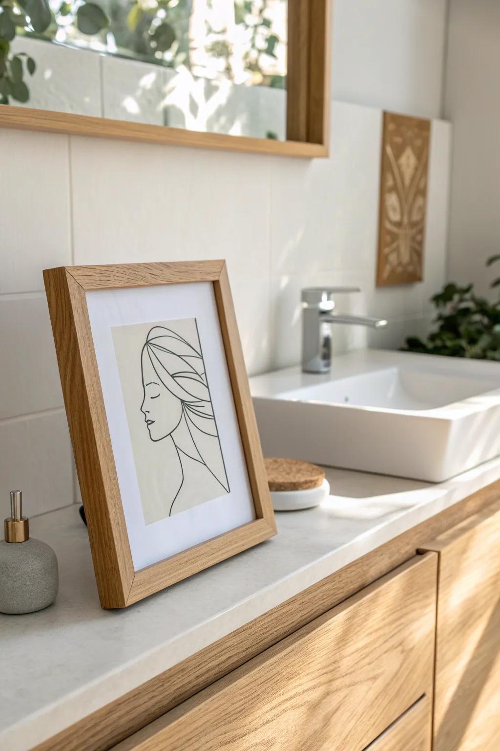 Lean a framed print on the backsplash for an instant, rental-friendly vanity vignette.