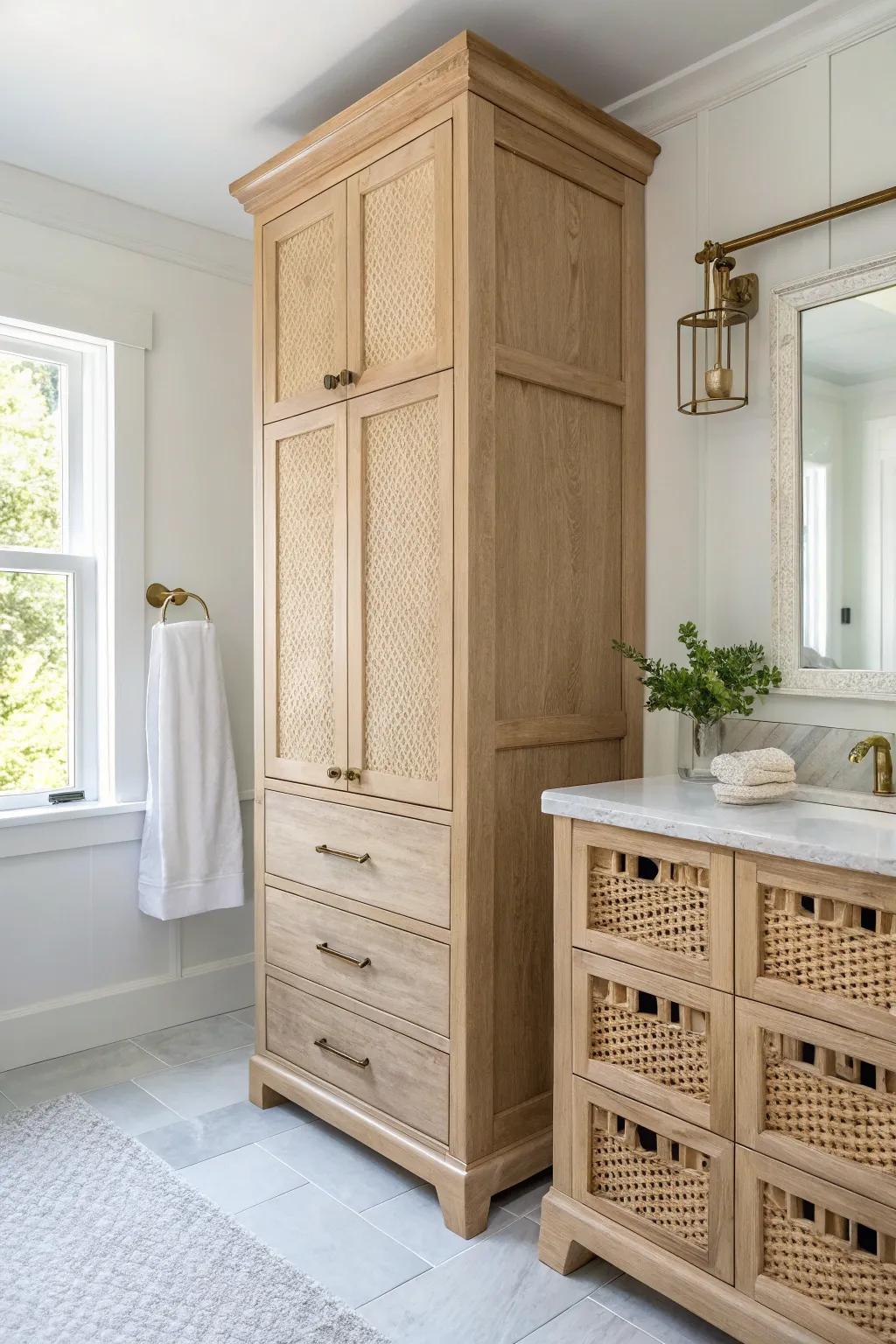 Ceiling-height oak vanity tower with crown trim—built-in elegance with a soft Scandinavian feel.