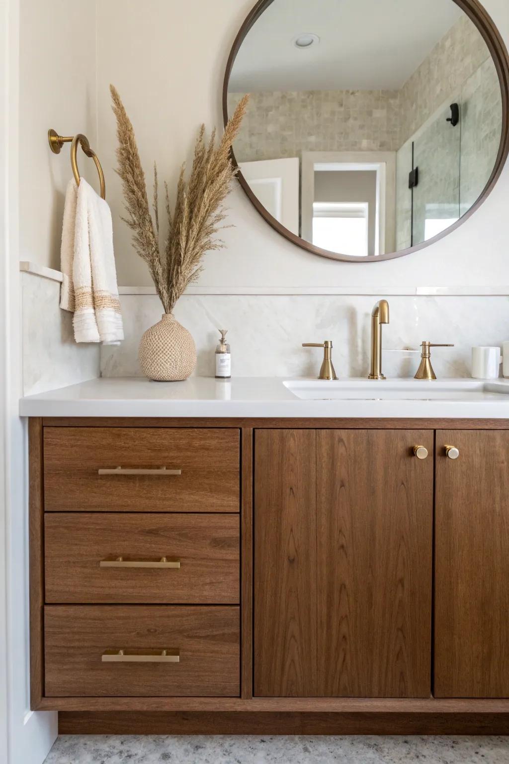 Two-tone uppers and a rich wood vanity base for a taller, custom Scandinavian look.