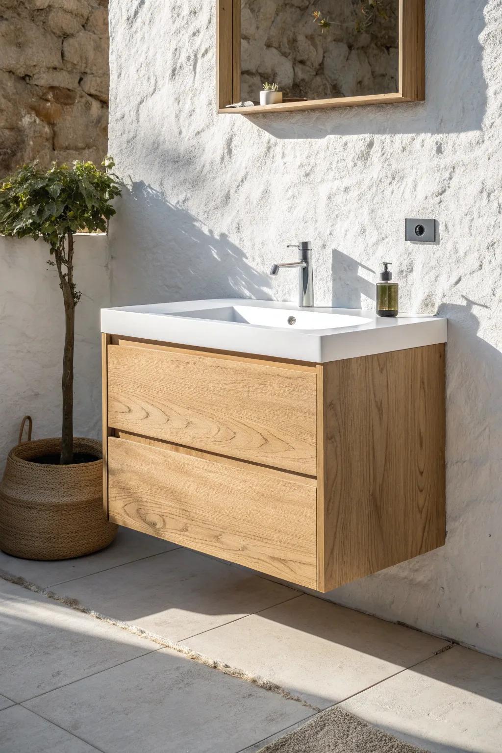Floating oak vanity brings airy, modern calm—extra floor space and timeless grain.