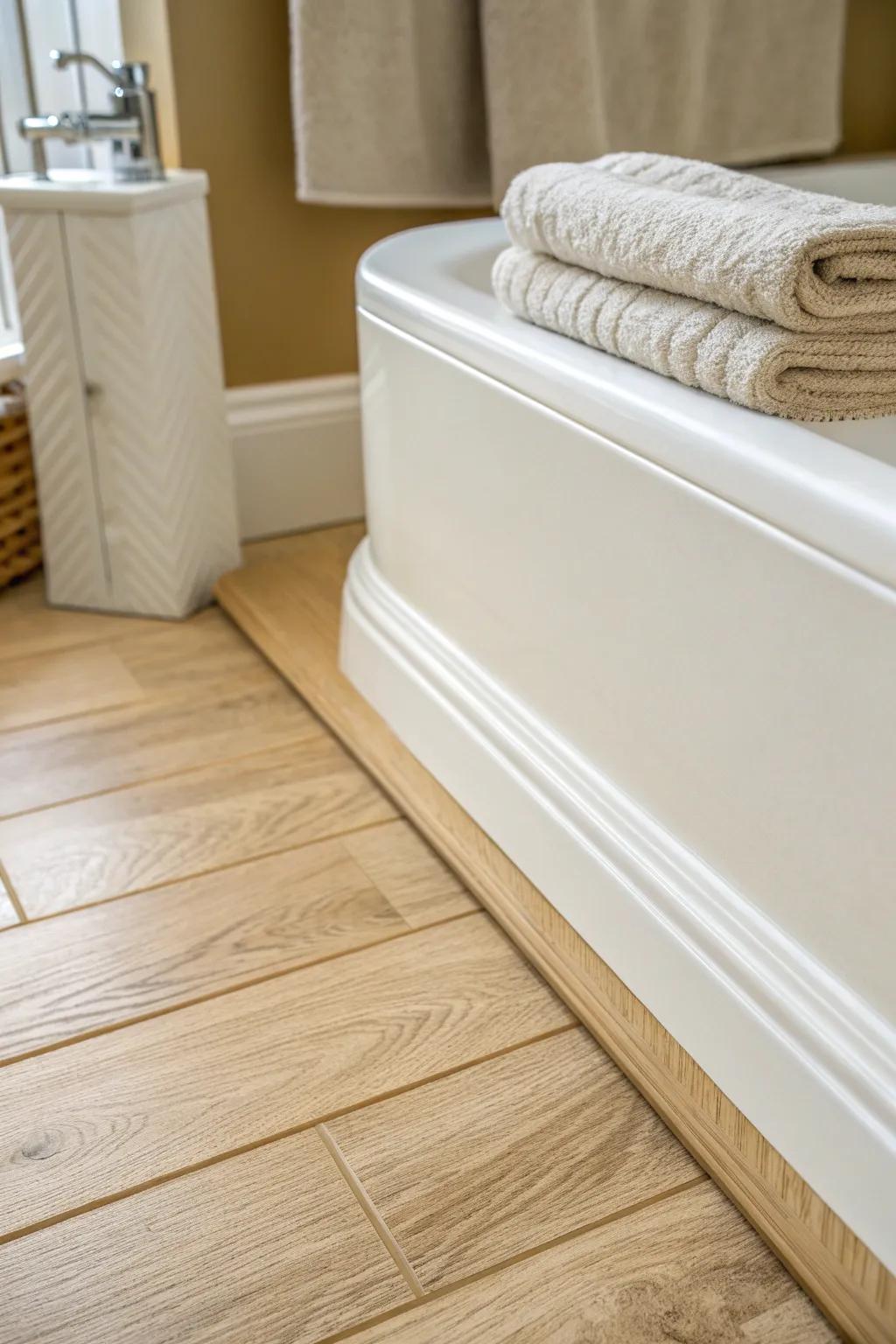 Painted wood tub trim with a crisp caulk seal—custom look, bathroom-ready protection.