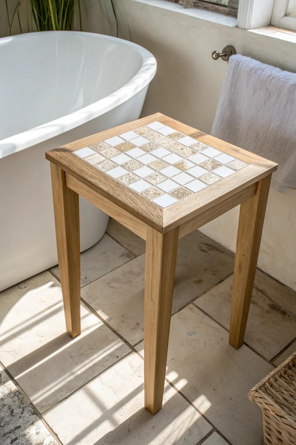 A classic tile-top tub table—water-friendly, easy to wipe, and beautifully handcrafted.