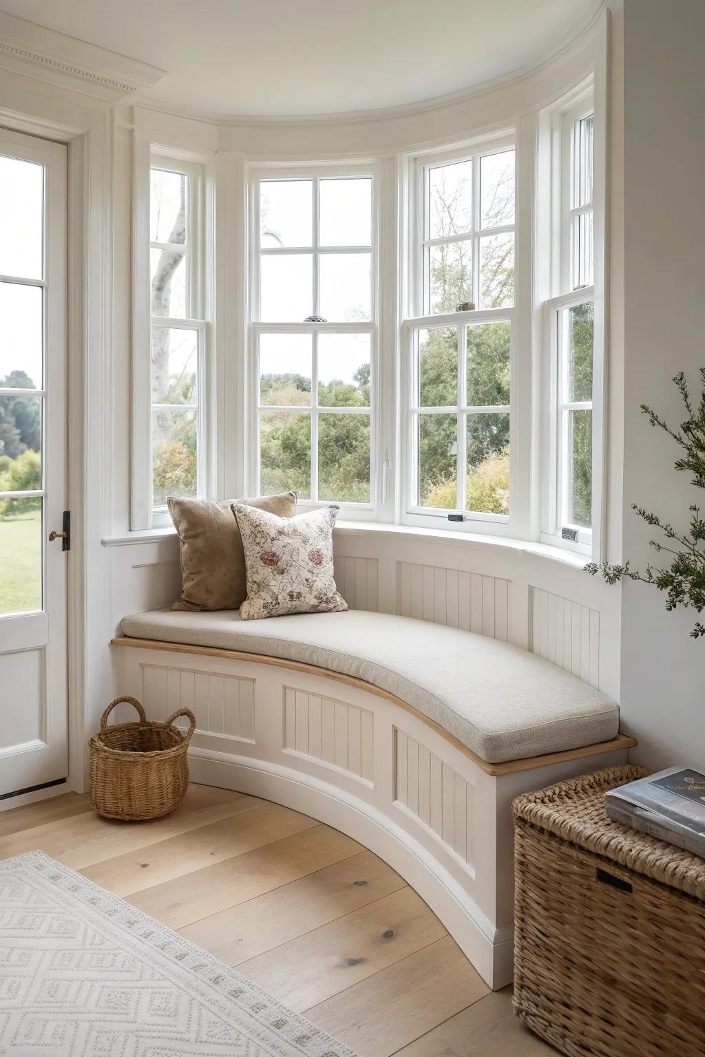 A curved-front bay window bench that hugs the view—minimal, bright, and beautifully crafted.