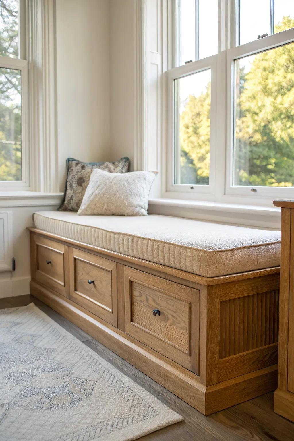 A deep oak bay window seat that doubles as a mini daybed—minimal, cozy, and rock-solid.