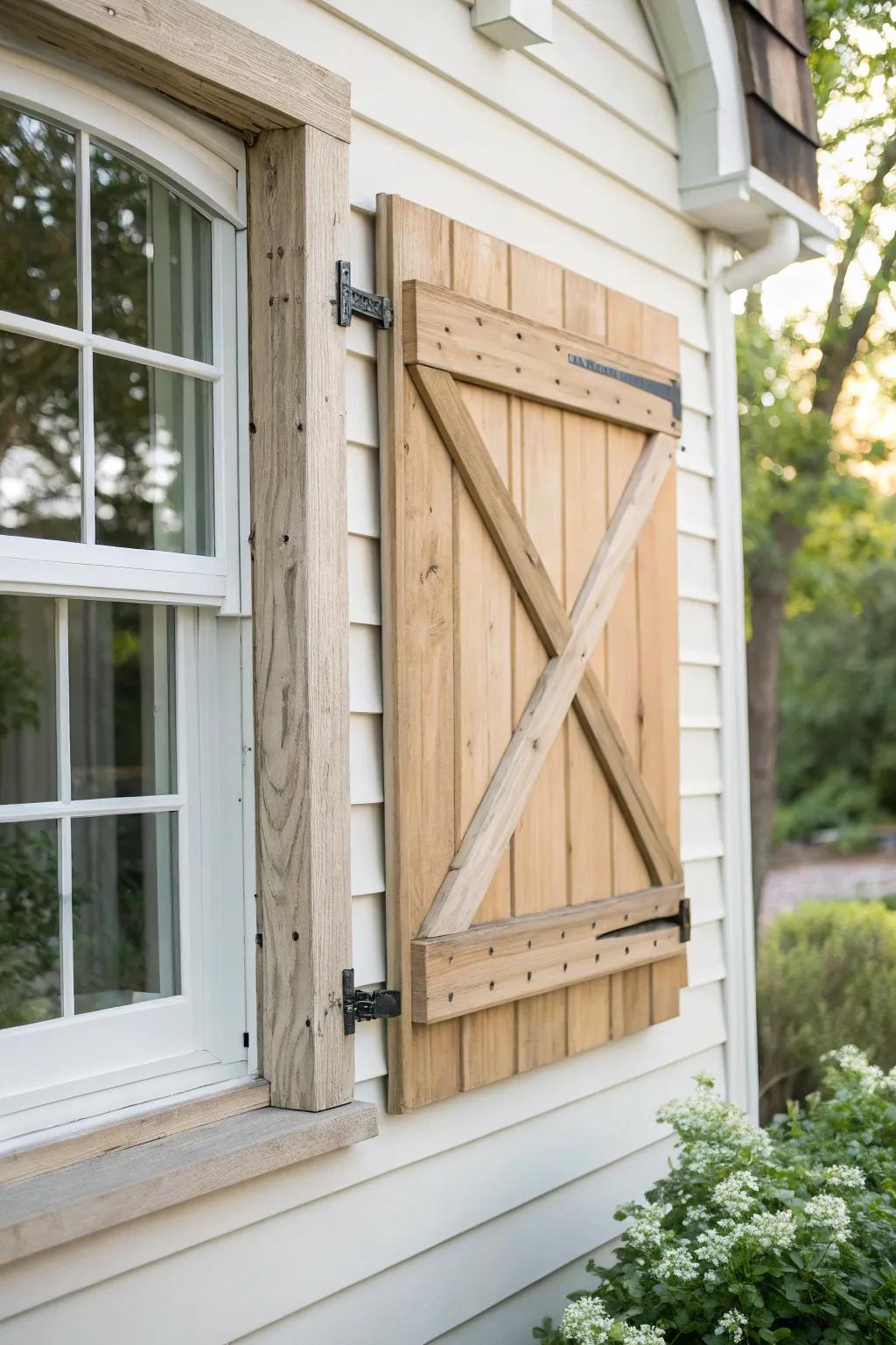 Storybook cottage charm: a clean, handcrafted Z-brace shutter for a bay window moment.