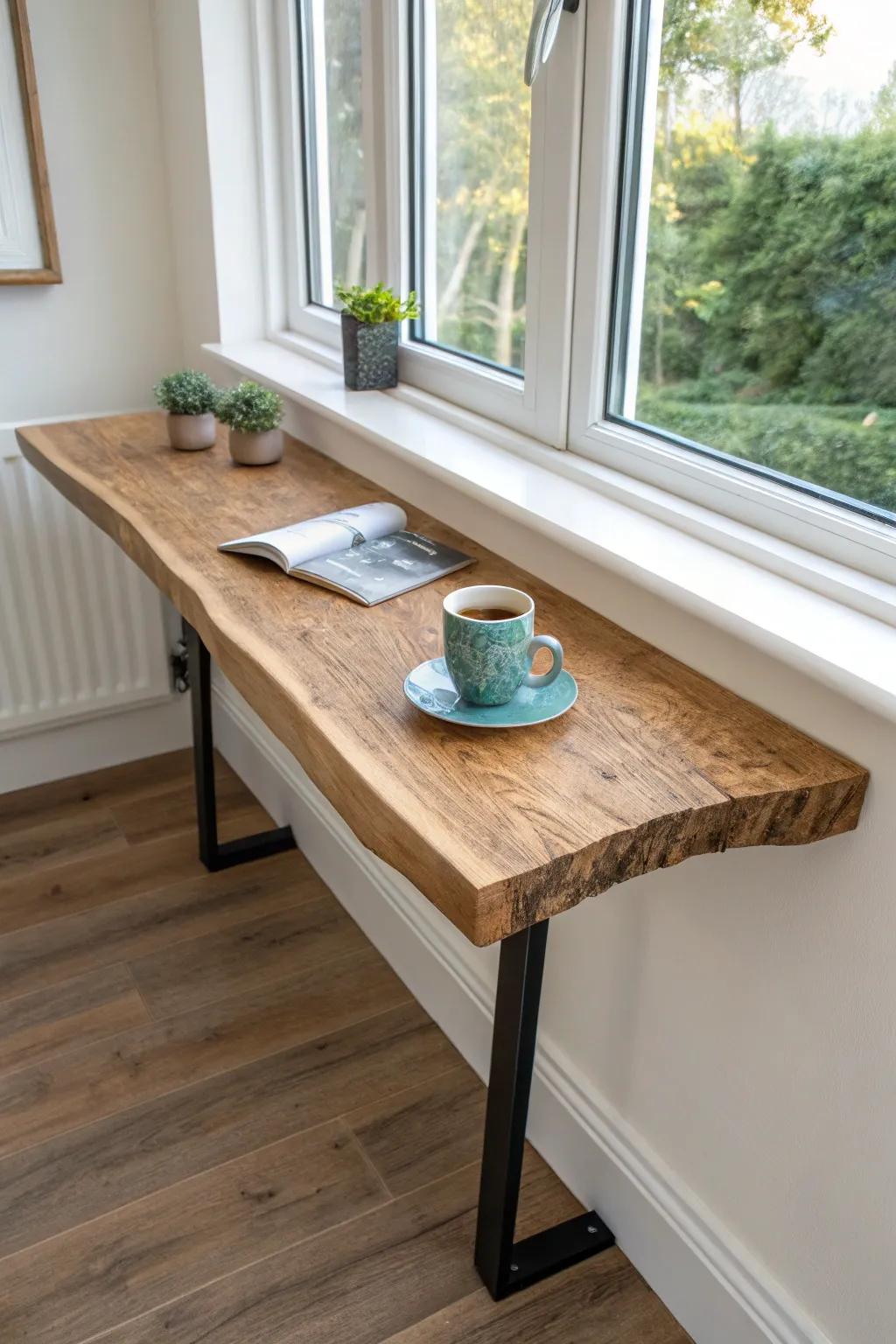 Floating bay window table: a thick oak slab on sleek brackets for a clean, airy nook.